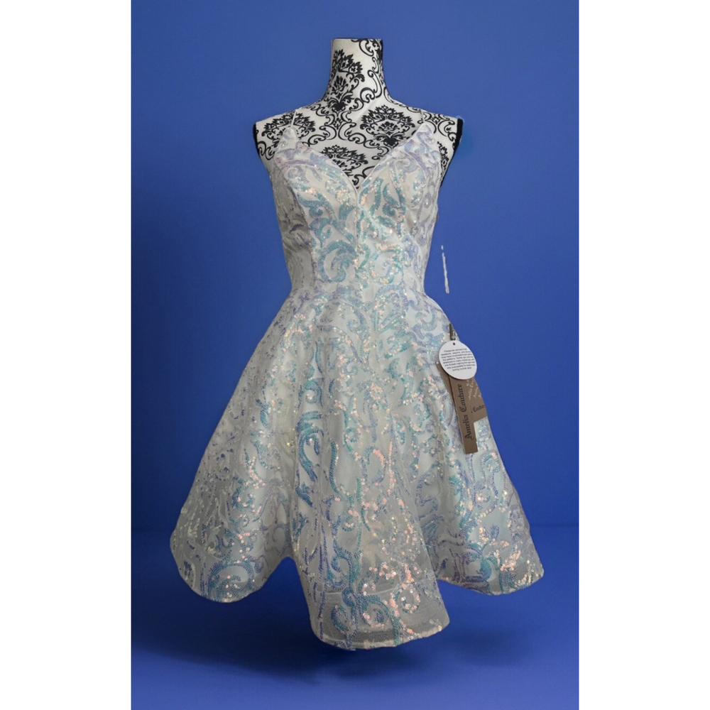 AMELIA COUTURE Size 2 WHITE COCKTAIL/PARTY DRESS BLUE & SILVER RHINESTONES